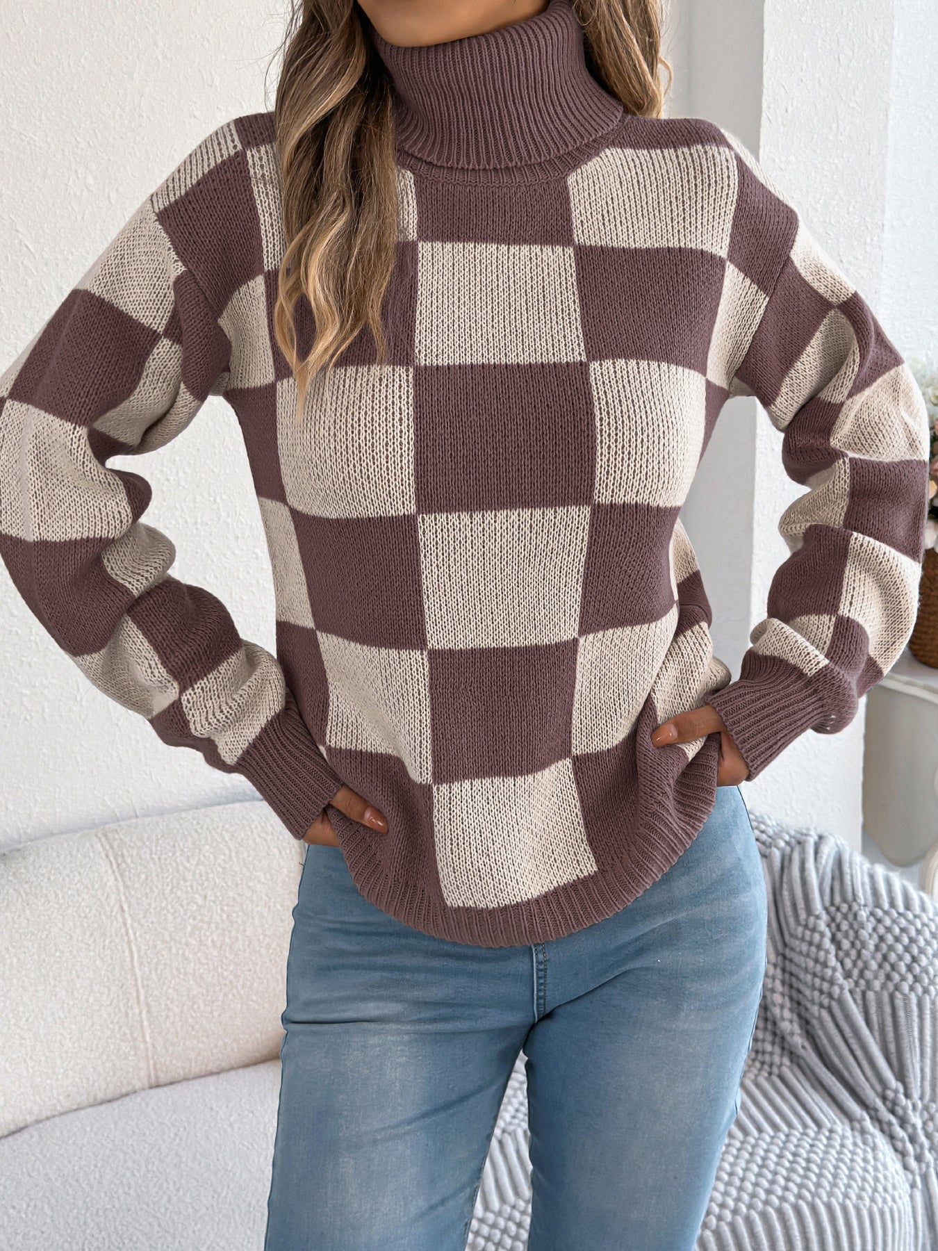 Women's High Neck Color-Blocked Plaid Lantern Sleeve Sweater
