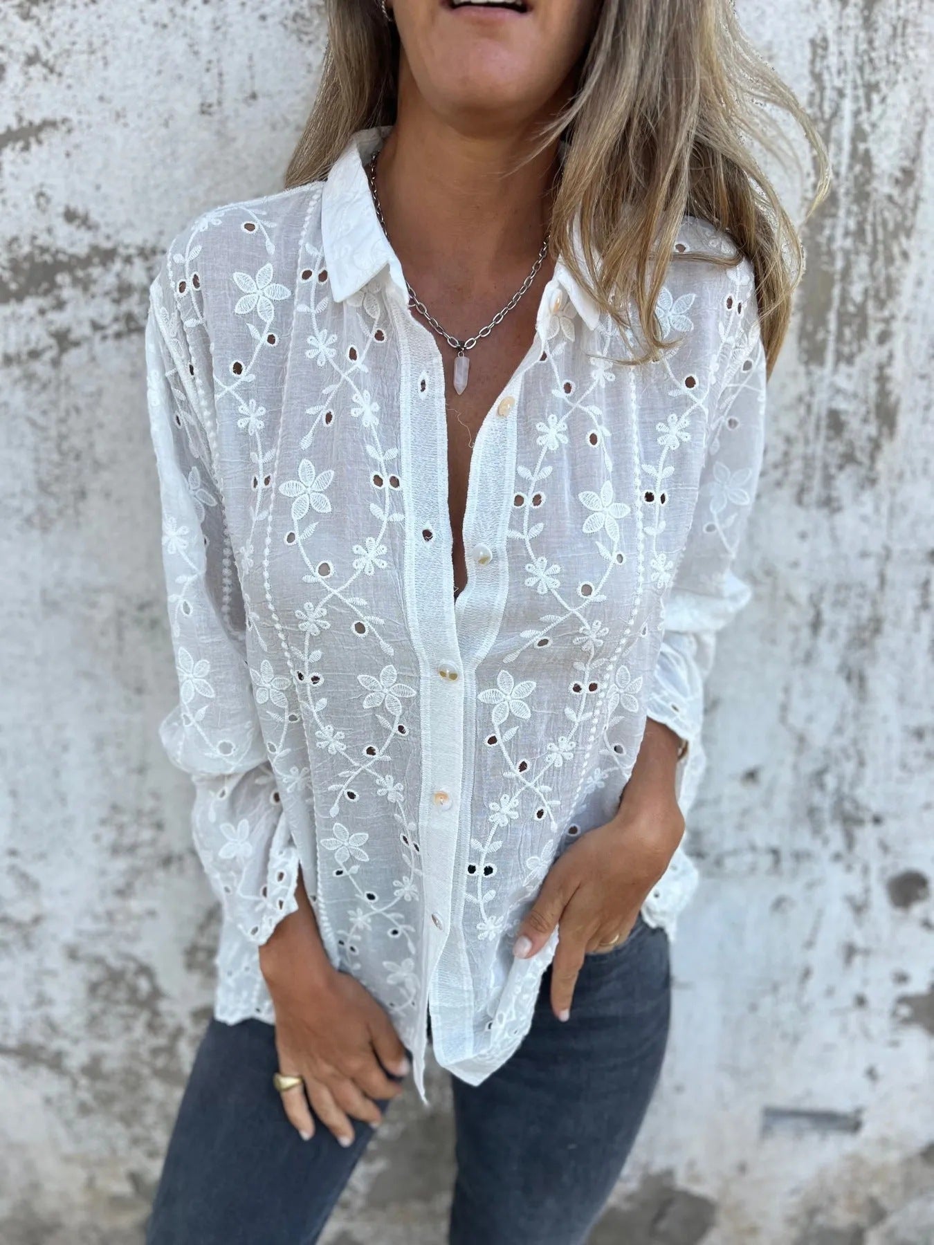 Sweet And Elegant Embroidered Hollow-Out Cotton-Linen Shirt Casual Top
