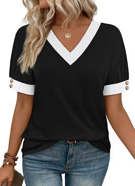 V-neck Contrast-Color Sleeveless All-Match Buttoned Pullover Short-Sleeve Top
