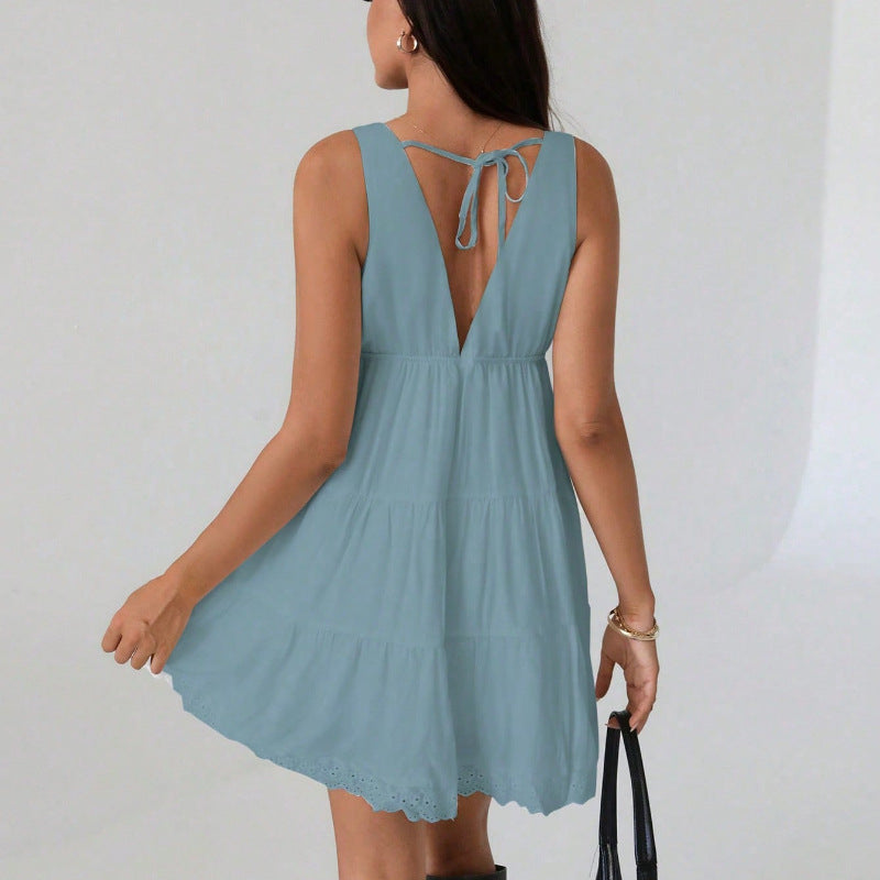 Elegant Solid-color V-neck Casual All-match Dress