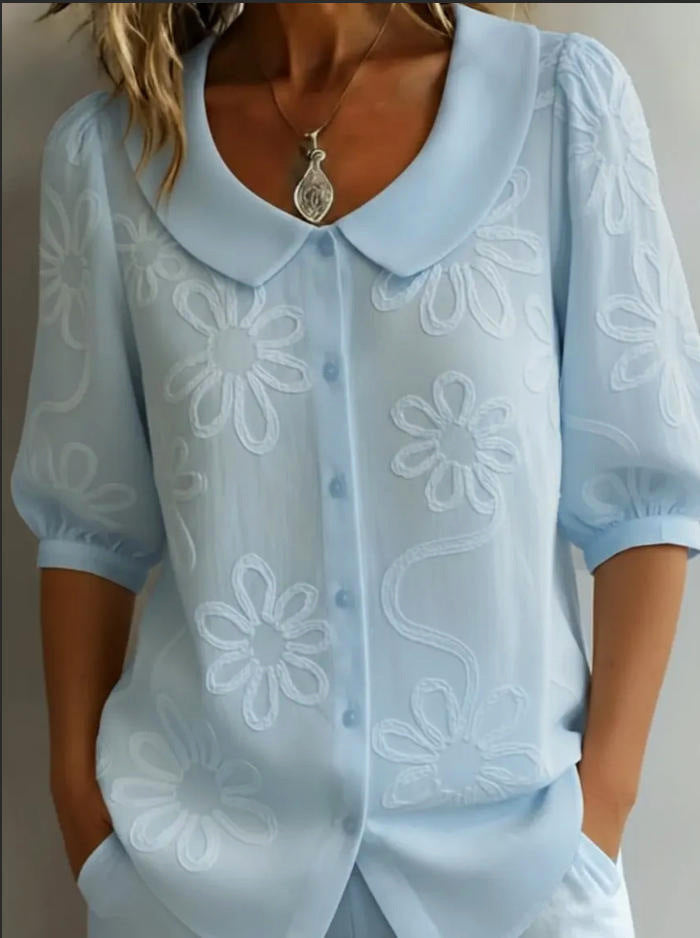 Loose-fit Retro Buttoned 3D Embroidered Floral Shirt