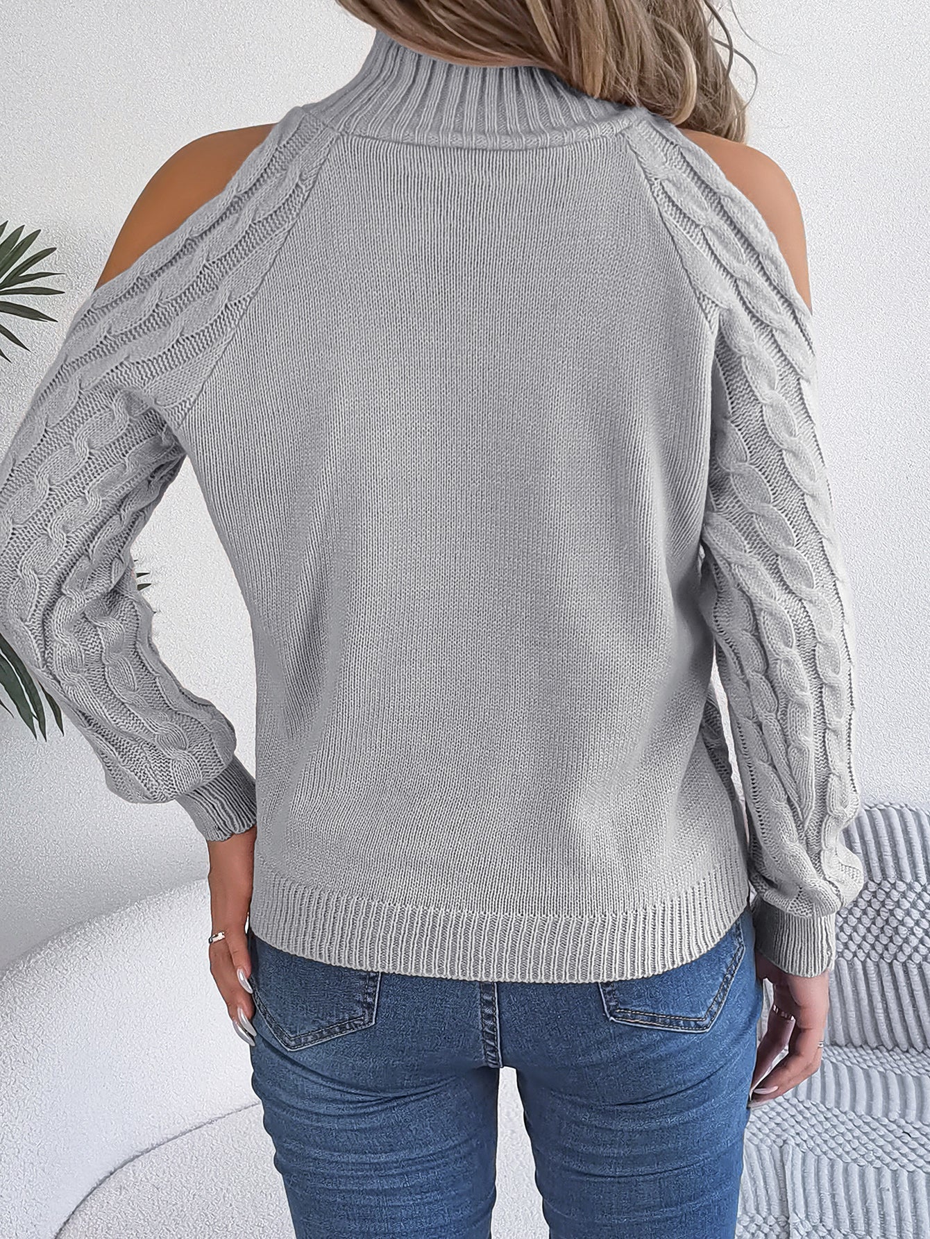 Casual Cable Knit Off-Shoulder Half Turtleneck Long Sleeve Pullover Sweater