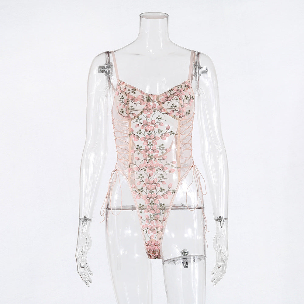 Women's Mesh See-through Embroidery Strappy Bodysuit