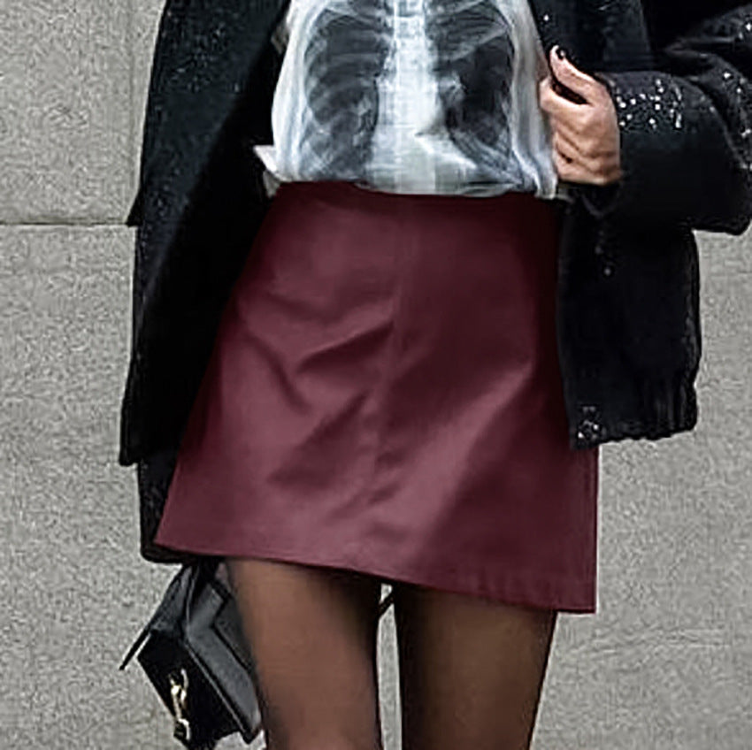 Women's Retro Classic Wine Red Matte Leather Skirt