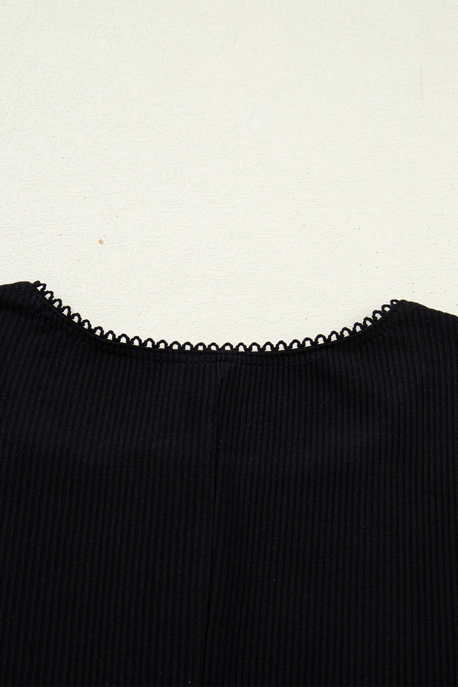 Black Solid Color Ribbed Knit Lace Trim Button Down Short Sleeve Top