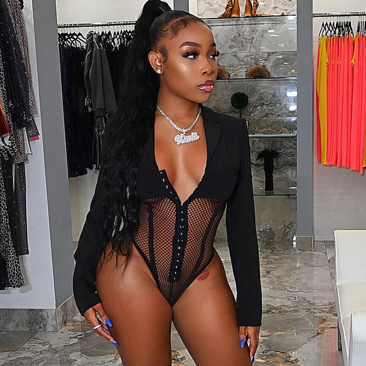 Mesh Stitching V-neck Sexy Long-sleeved Bodysuit