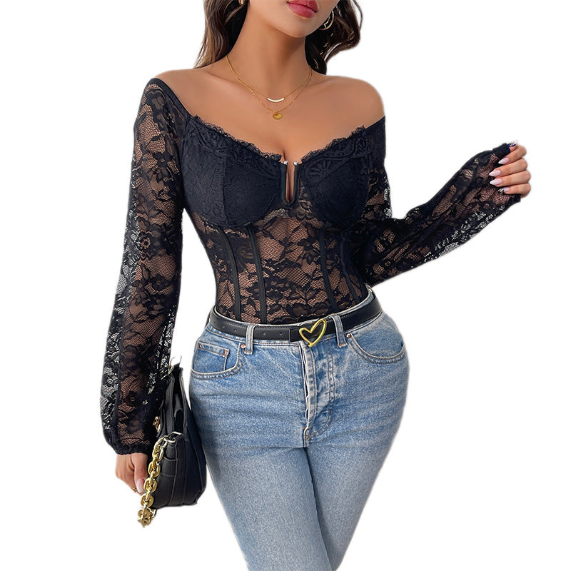 Lace V-neck Off-shoulder Long Sleeve Elegant Sexy Jumpsuit