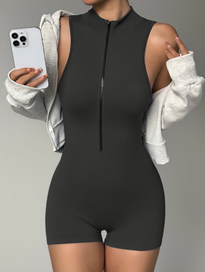 Stand Collar Zipper Sleeveless Peach Hip One-piece Shorts