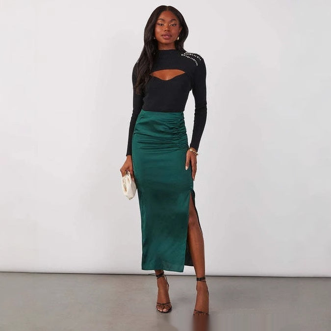 Stitching Split Elegant Silky Draping Satin Sheath Dress