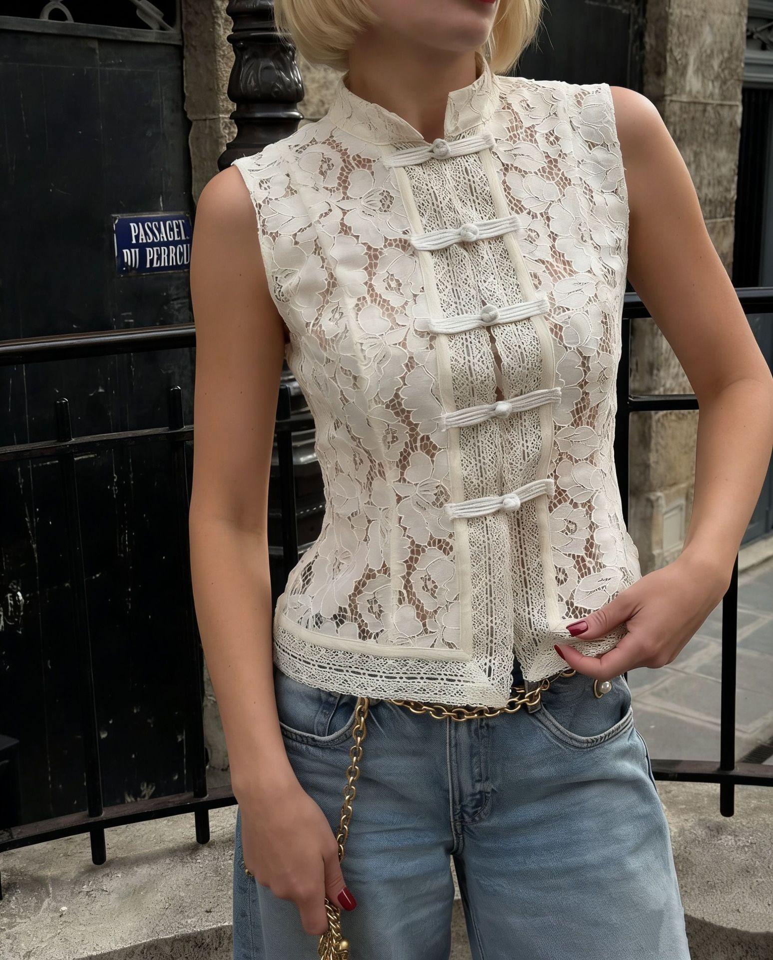 Fashionable Lace Crochet Stand Collar Slim-fit Sleeveless Shirt