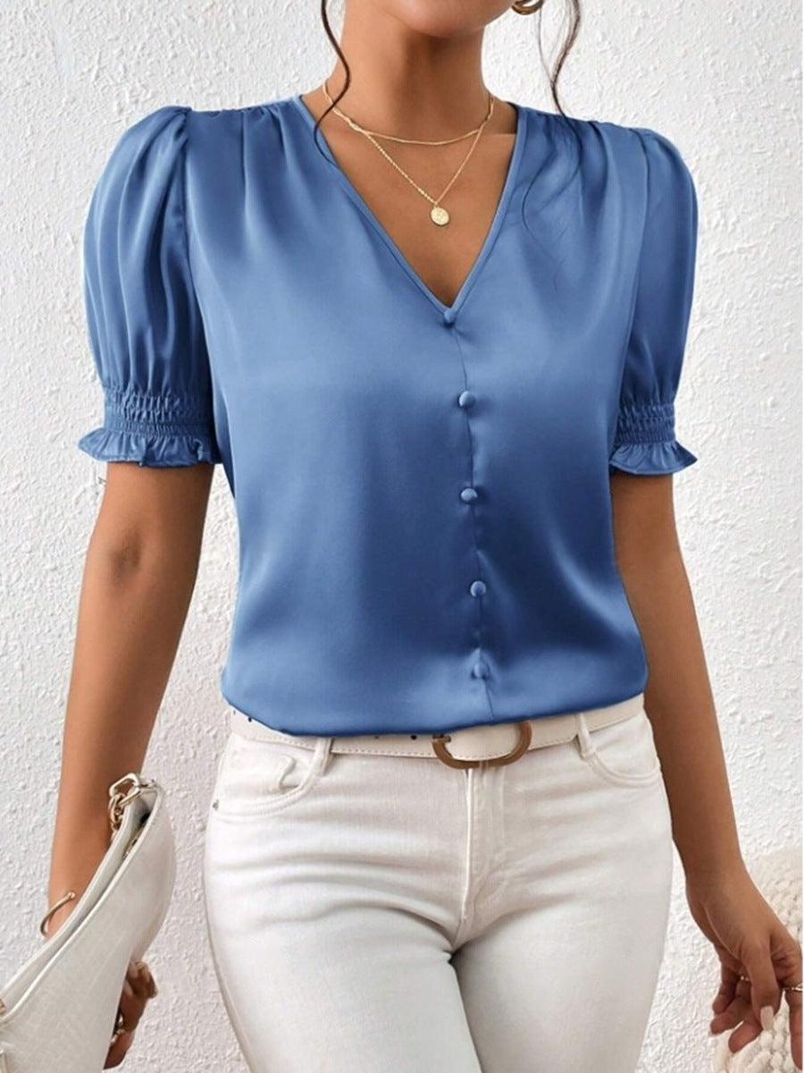 New Satin V-neck Buttons Casual Short-sleeved Ruffled Blouse