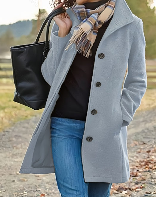 Women's Casual Tweed Coat - Solid Color Mid-Length H-Silhouette Button Front Long Sleeve