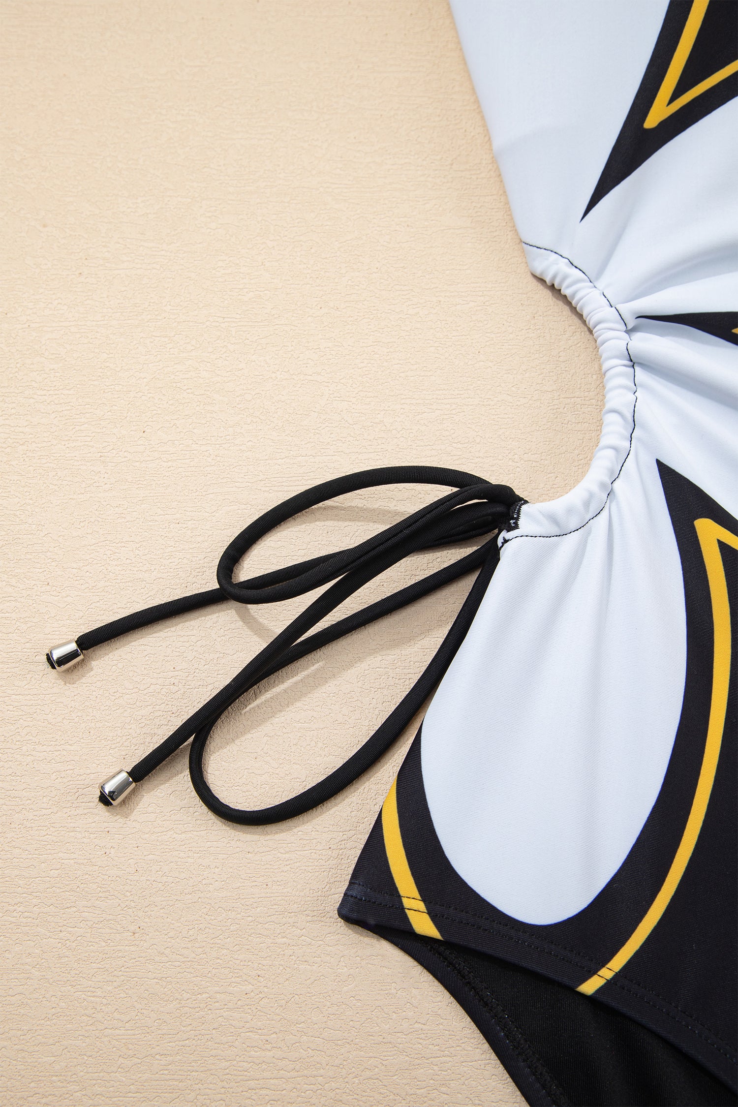 Black Drawstring Big Hole Floral Print Sleeveless One Piece Swimsuit