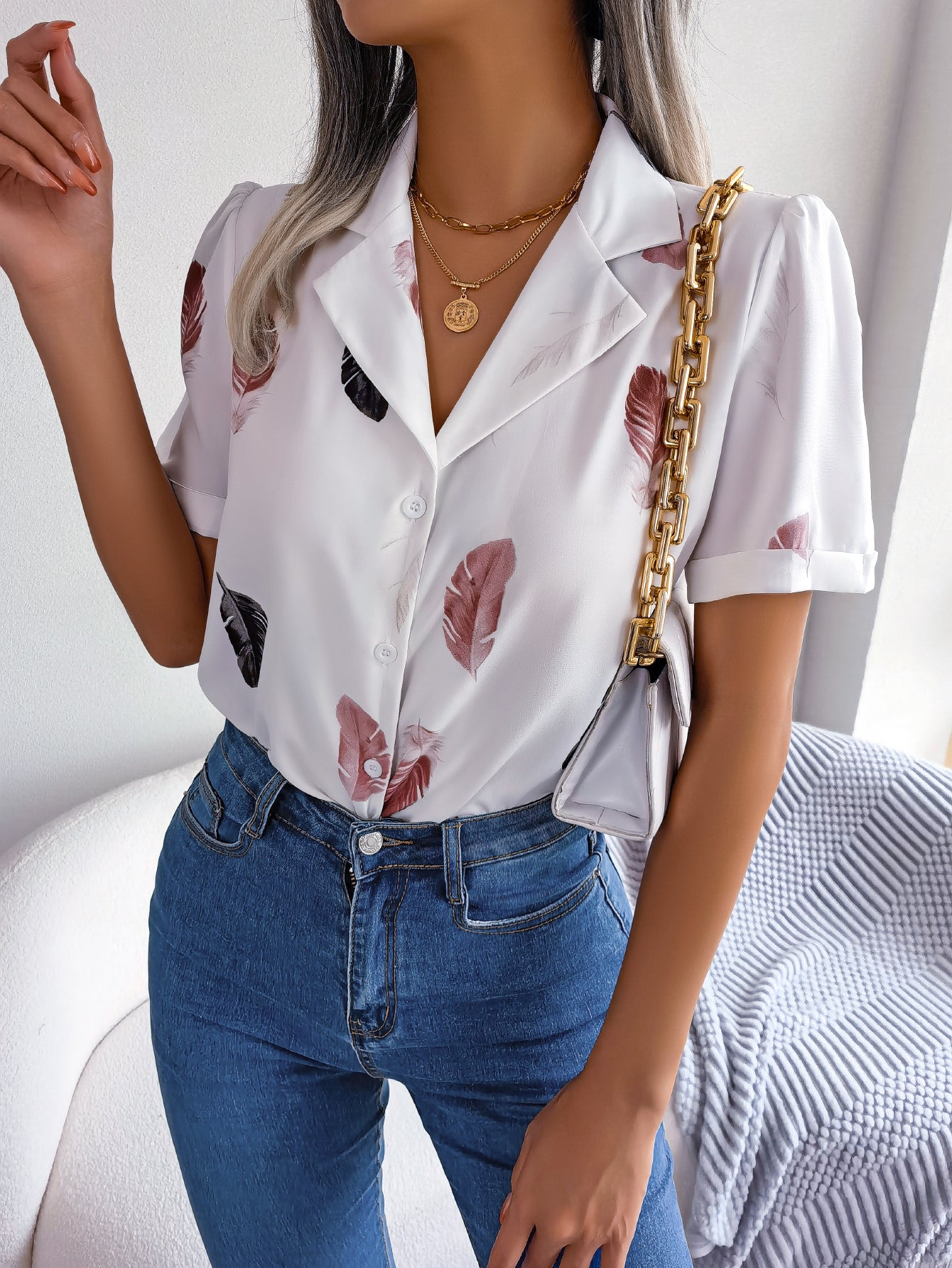 Women Elegant Notched Lapel Feather Loose Short Sleeve Shirt