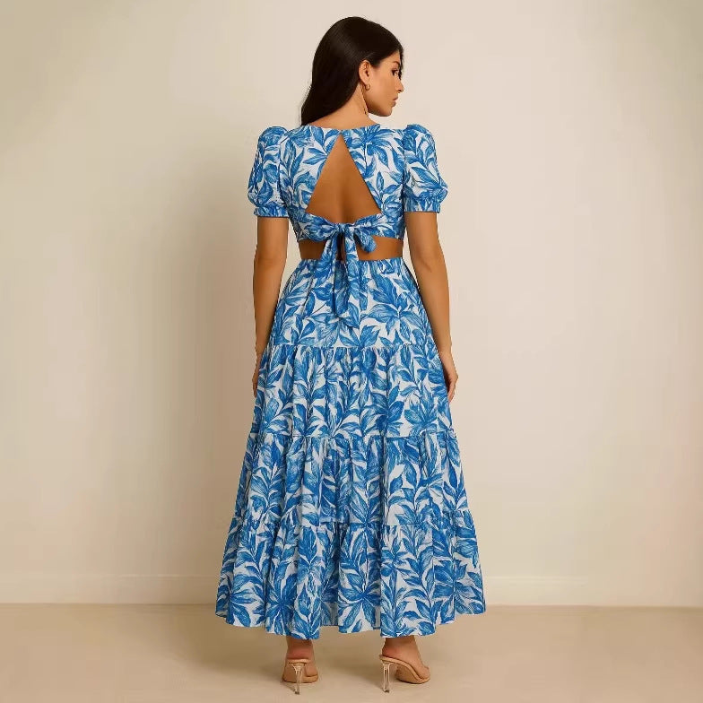 Womens Midriff-baring Backless Lace-up Printed Dress