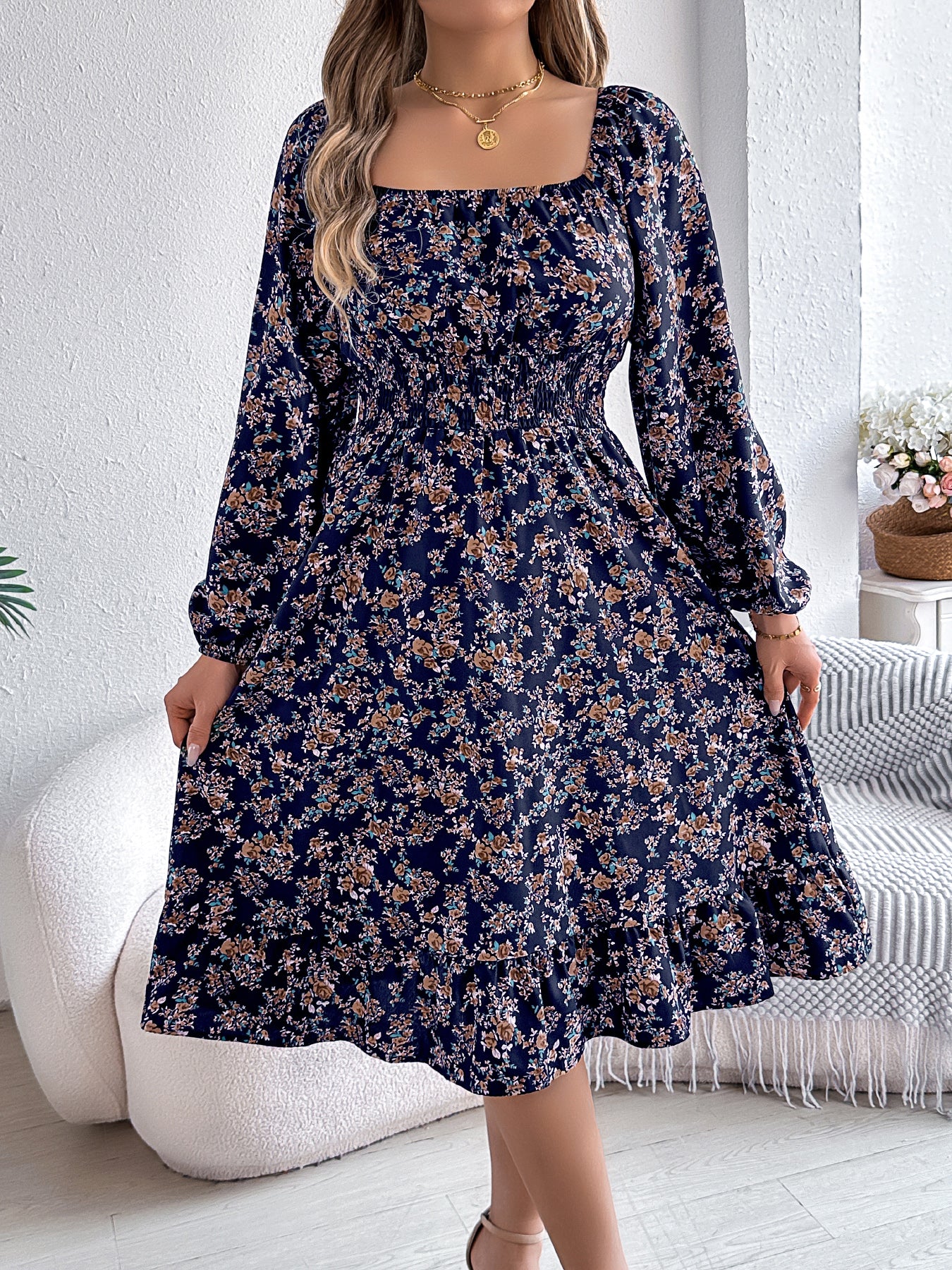 Women's Elegant Floral Square Neck Long Sleeve Waist-Defined Hem Ruffle A-Line Dress