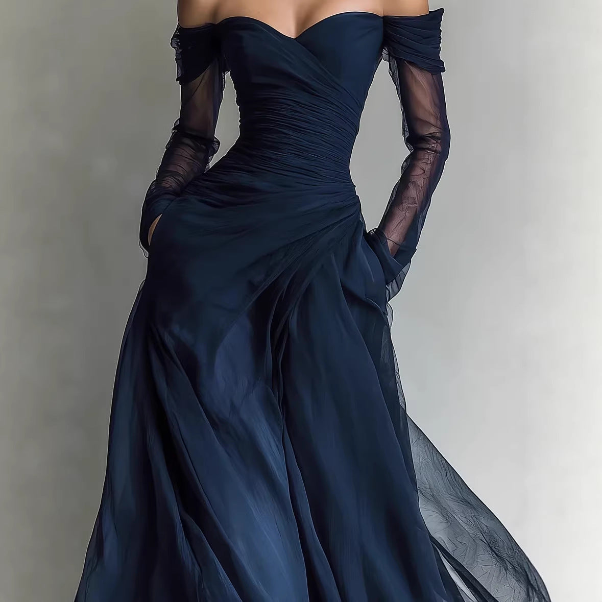 European And American-style Elegant Mesh-embellished Strapless Maxi Dress