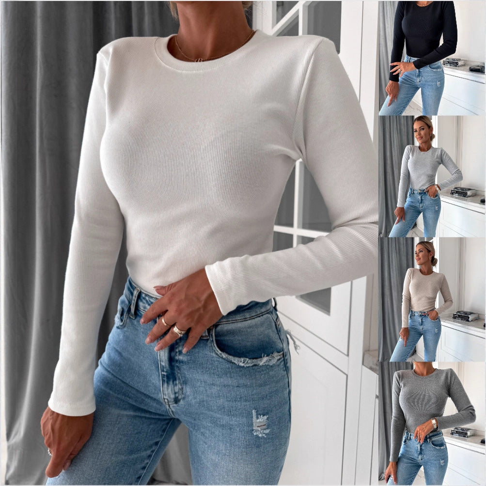 Simple Solid Color Round Neck New Long Sleeve Knit Top Women