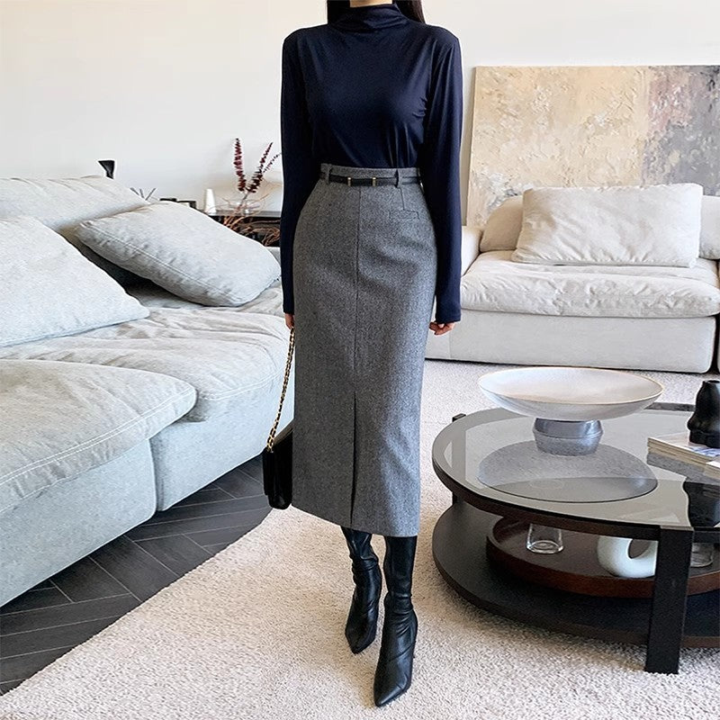 Gray Women's Autumn And Winter Thickened High Waist Mid-length Commuting Figure Flattering Sheath Skirt
