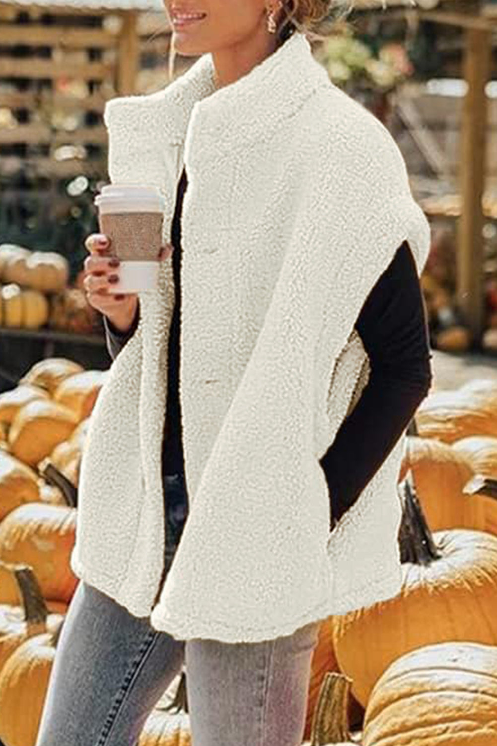 Cappotto gilet con colletto alla coreana con maniche in sherpa nero