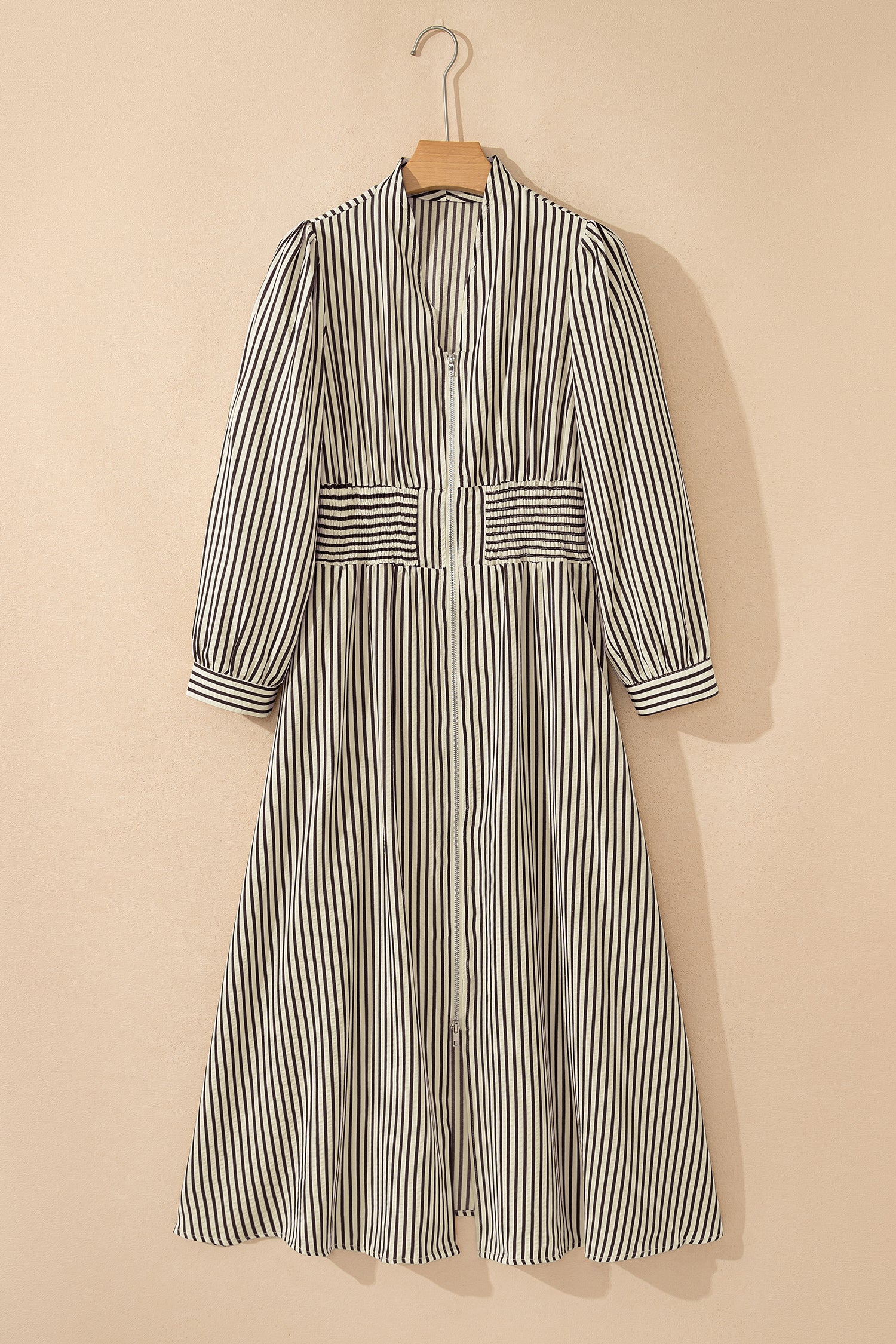 Green Striped V Neck Zip Front Cinched High Waist Midi Dress