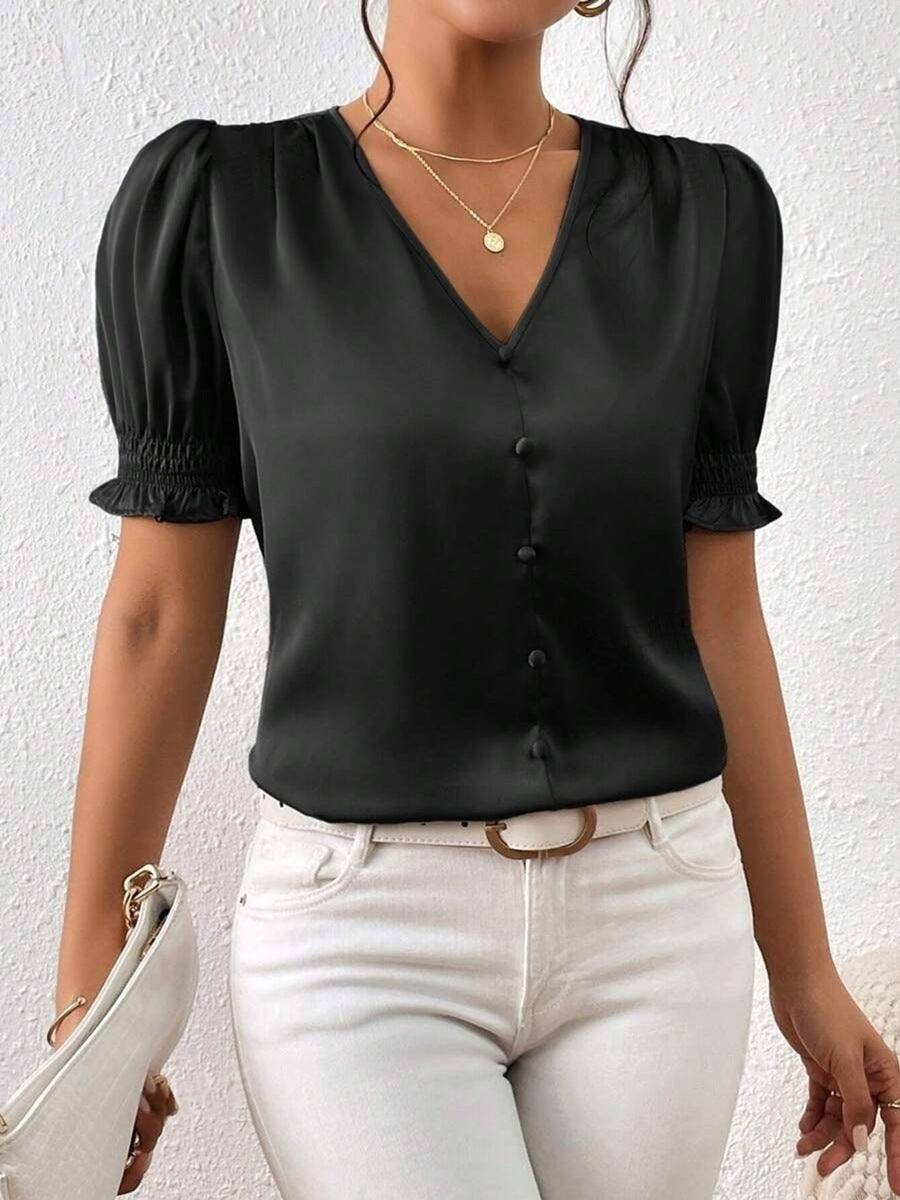New Satin V-neck Buttons Casual Short-sleeved Ruffled Blouse