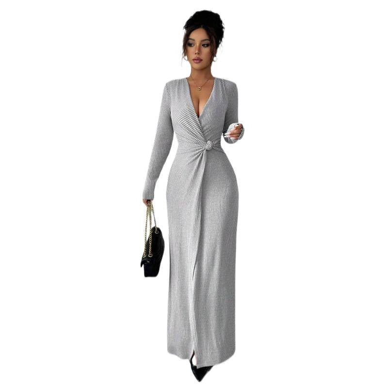 Elegant V-neck Knitted Twist Wrap Bodycon Dress For Women