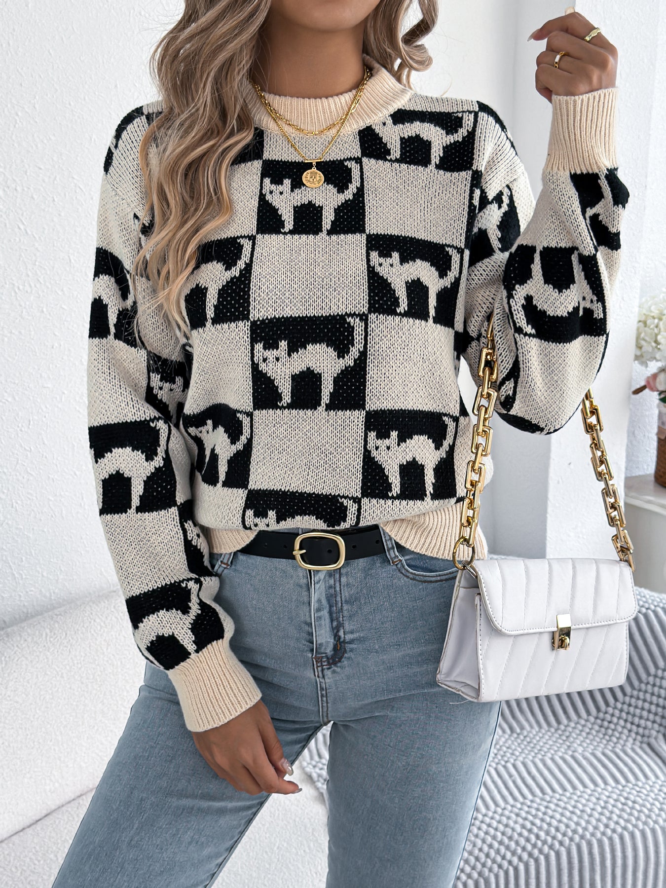 Women Halloween Plaid Lantern Sleeve Long Sleeve Pullover Sweater