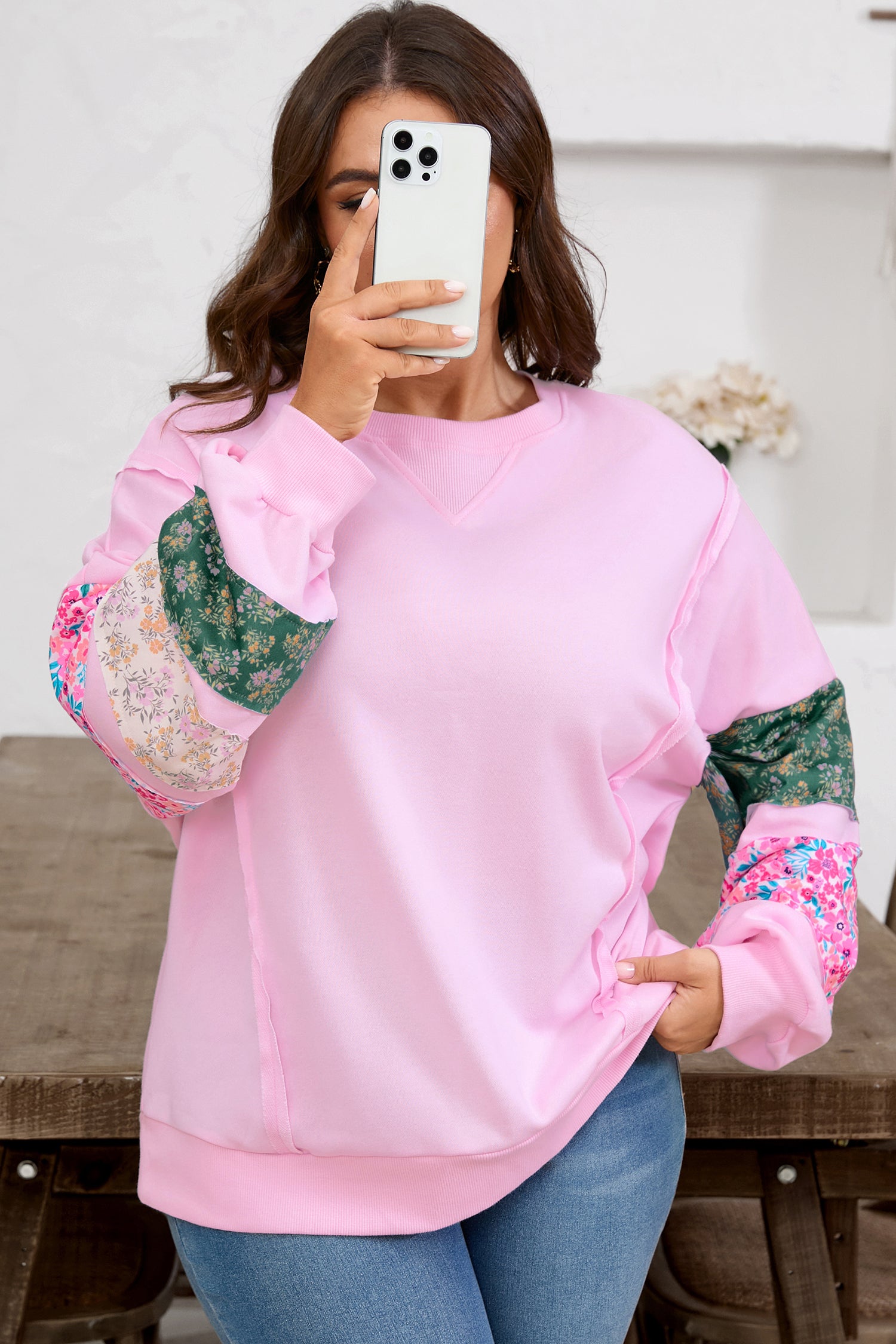 Pink Plus Size Mix Floral Patched Sleeve Ribbed Trim Baggy Sweatshirt