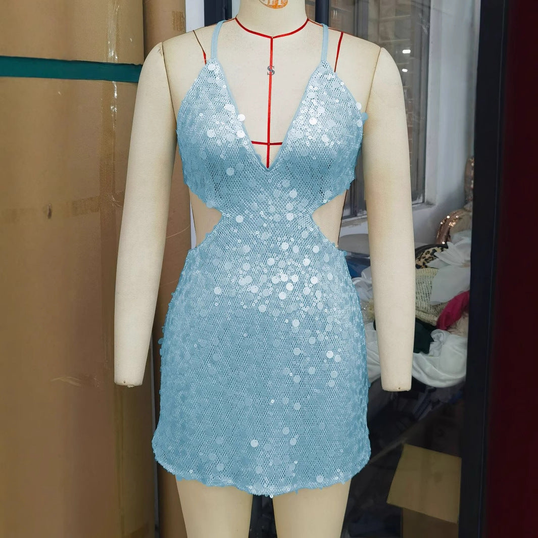 Womens Sexy Backless Sequin Slip Dress