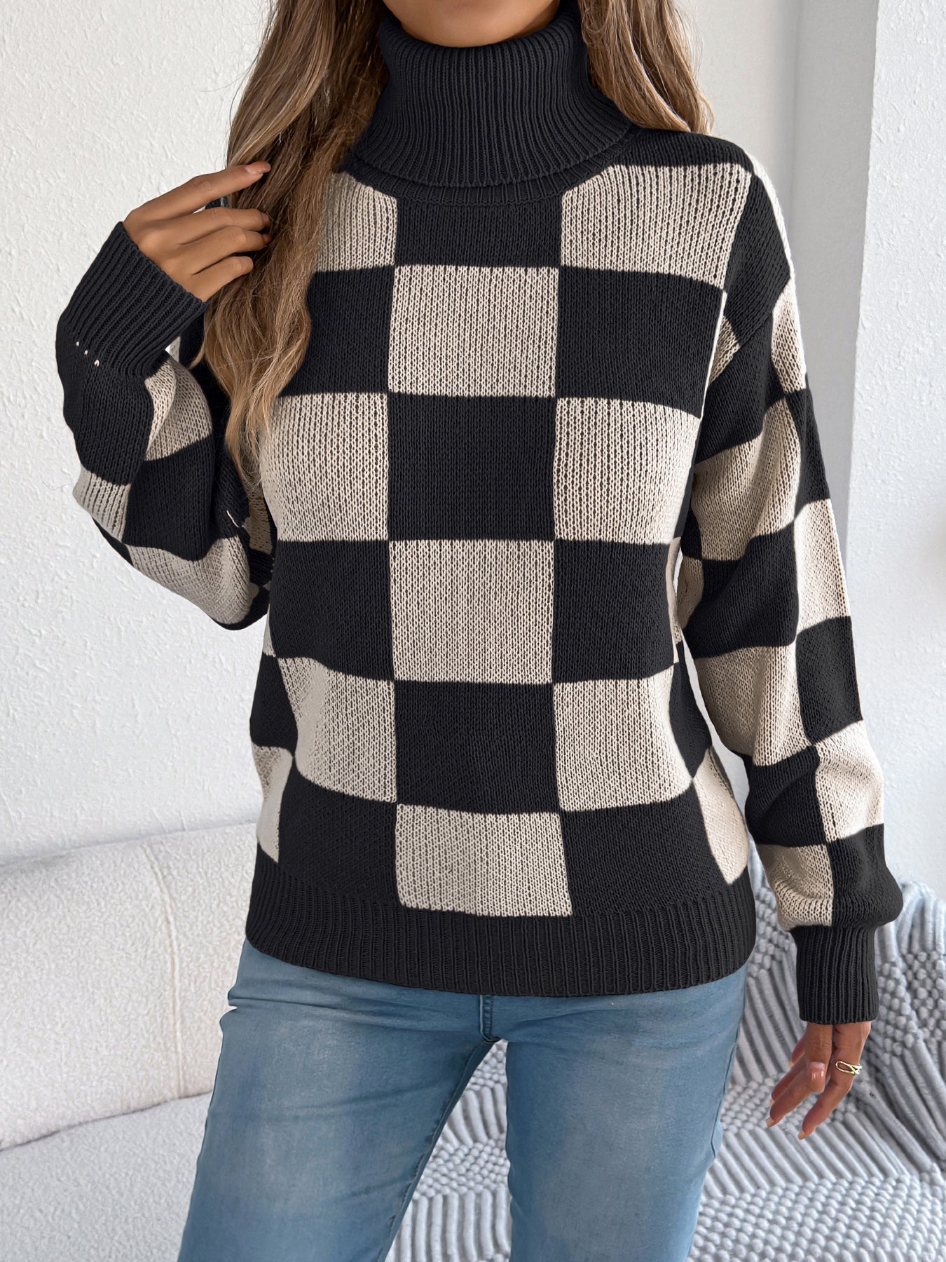 Women's High Neck Color-Blocked Plaid Lantern Sleeve Sweater