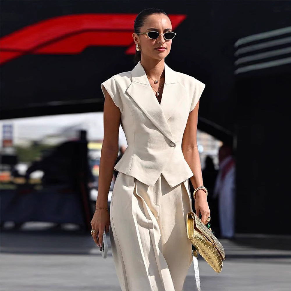 Beige Elegant Sleeveless Waist-Cinching Suit Set