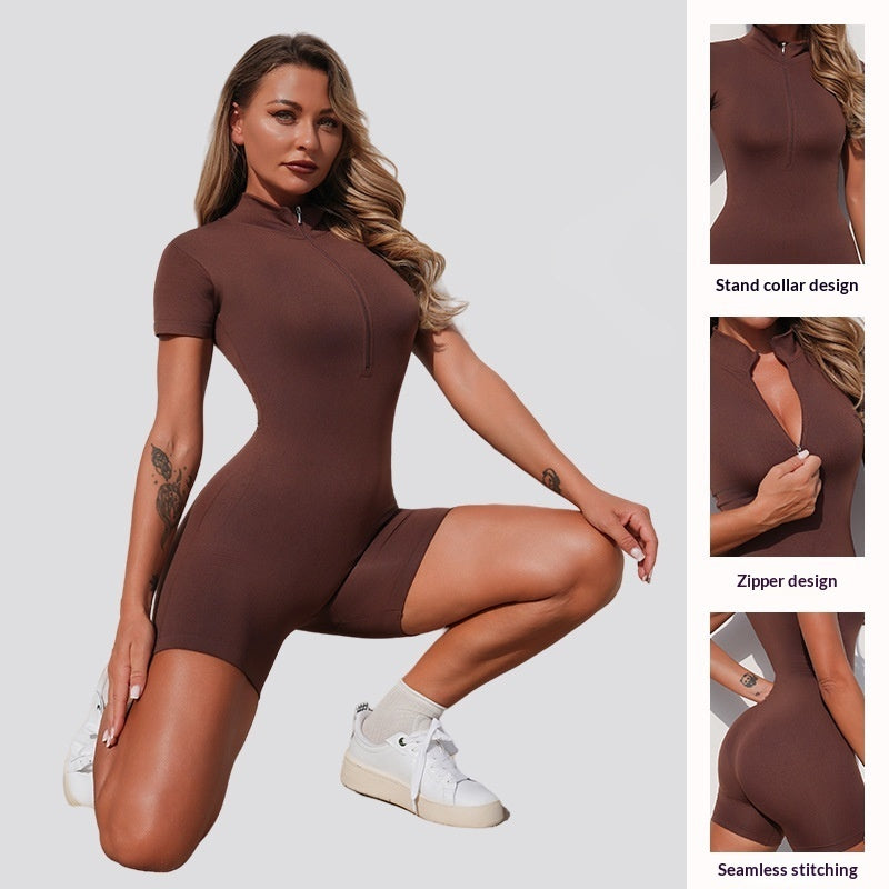 Zippered Short-sleeve Fitness Workout And Running One-piece Shortsjumpsuit Form-fitting Yoga Wear