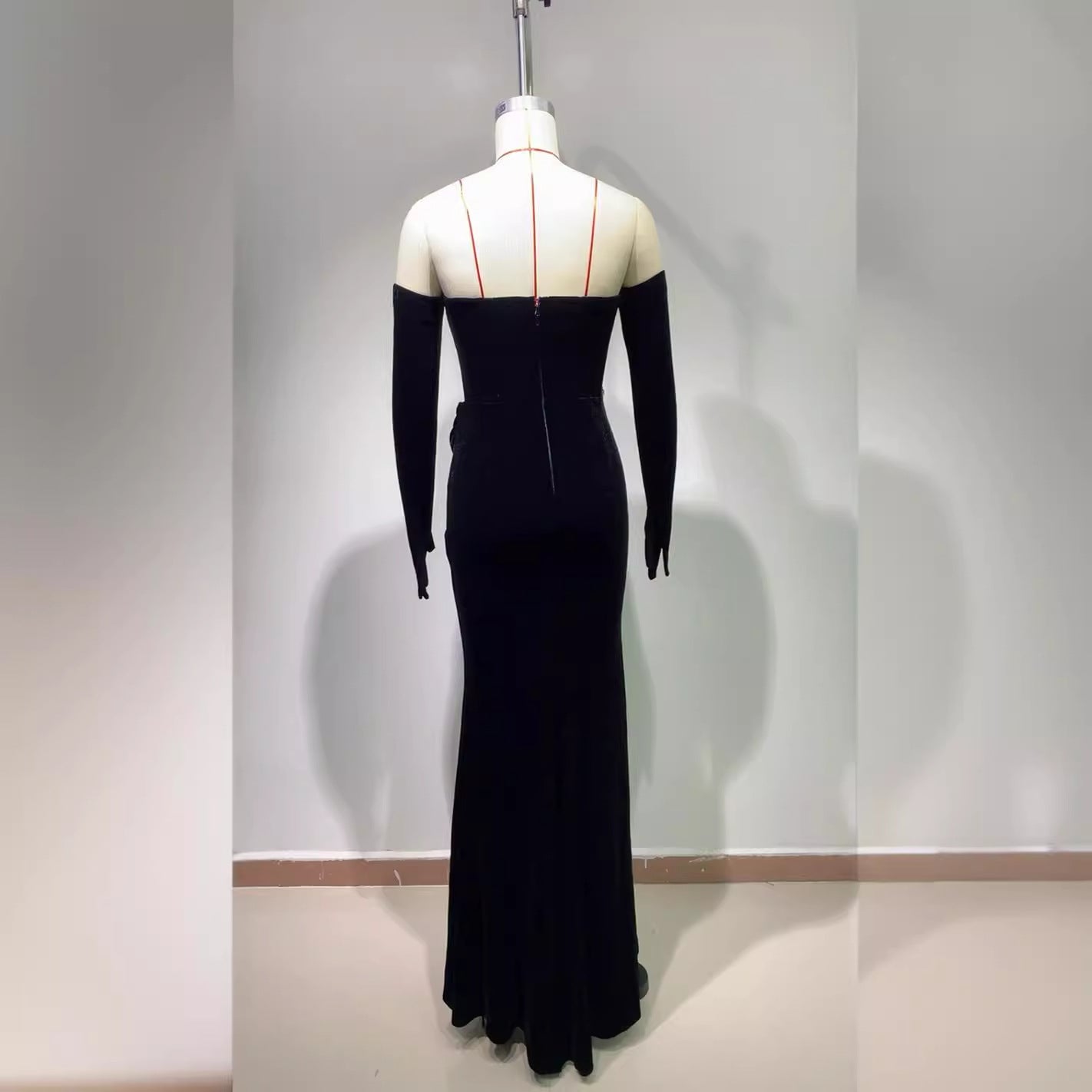 Gloves Hollow-out Low Cut Velvet Tube Top Dress Dinner Party