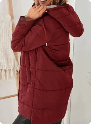 Women's Hooded Solid Color Pocket Long Cotton Jacket Coat