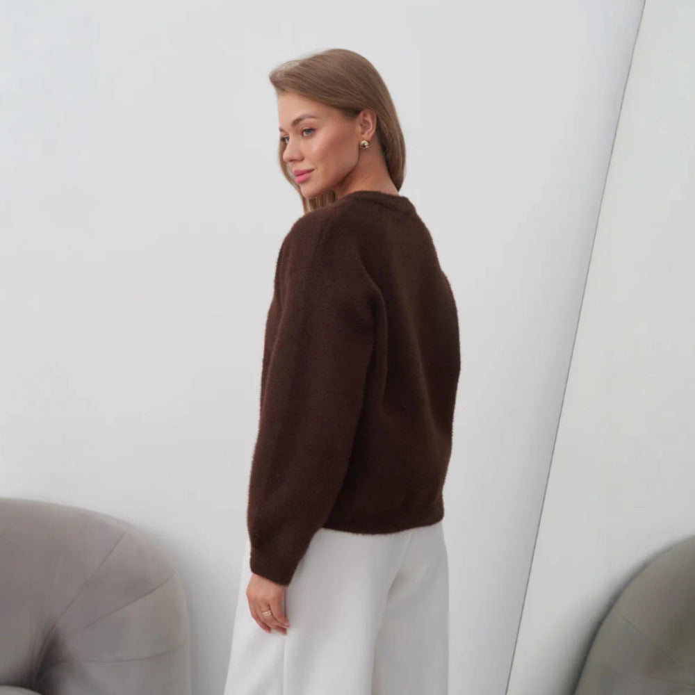 Short Pearl Buckle Artificial Mink Fur Sweater Coat For Women