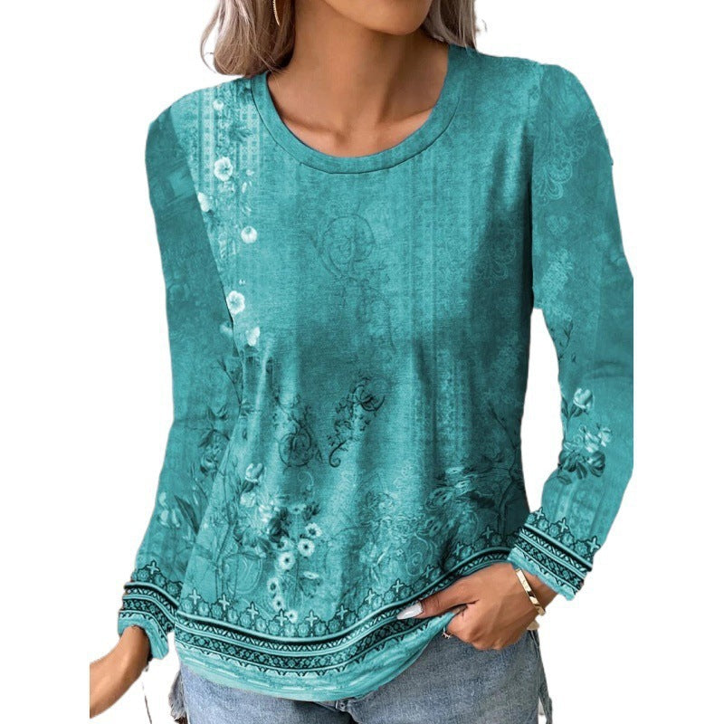 Landscape Painting Printed Long-sleeved T-shirt Top