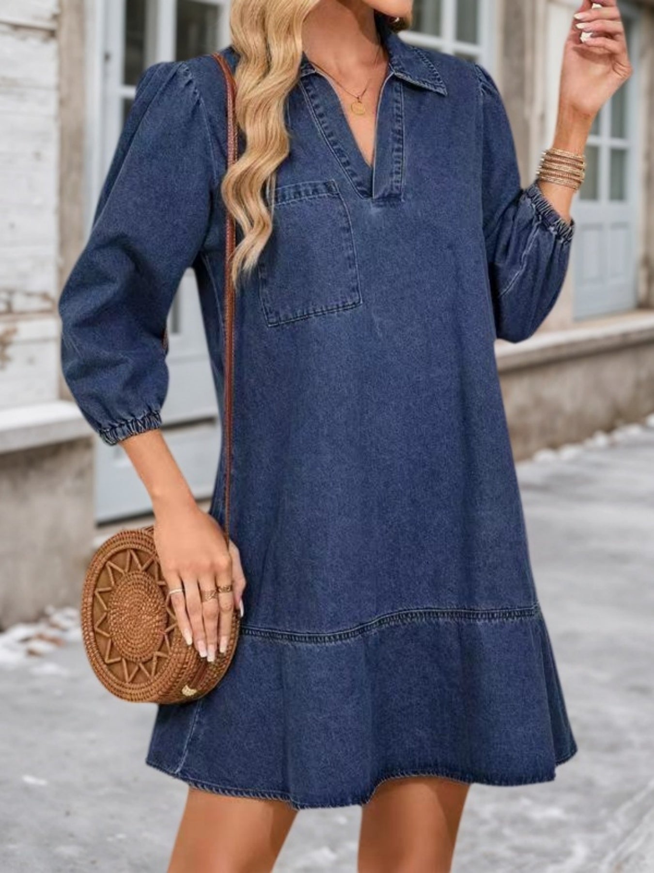 New Women's Casual Doll Dress With V-neck, Three-quarter Length, Puffed Sleeves, And Denim Material