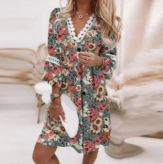V-neck Printed Lace-Patchwork Bohemian-Style Casual Dress