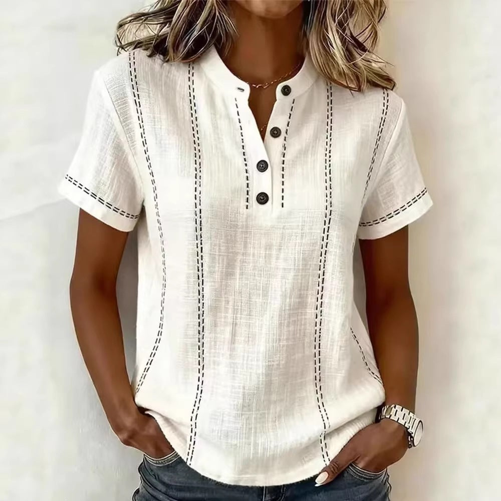 Casual Short-Sleeve Stand-Collar Solid-Color Patchwork Womens Shirt
