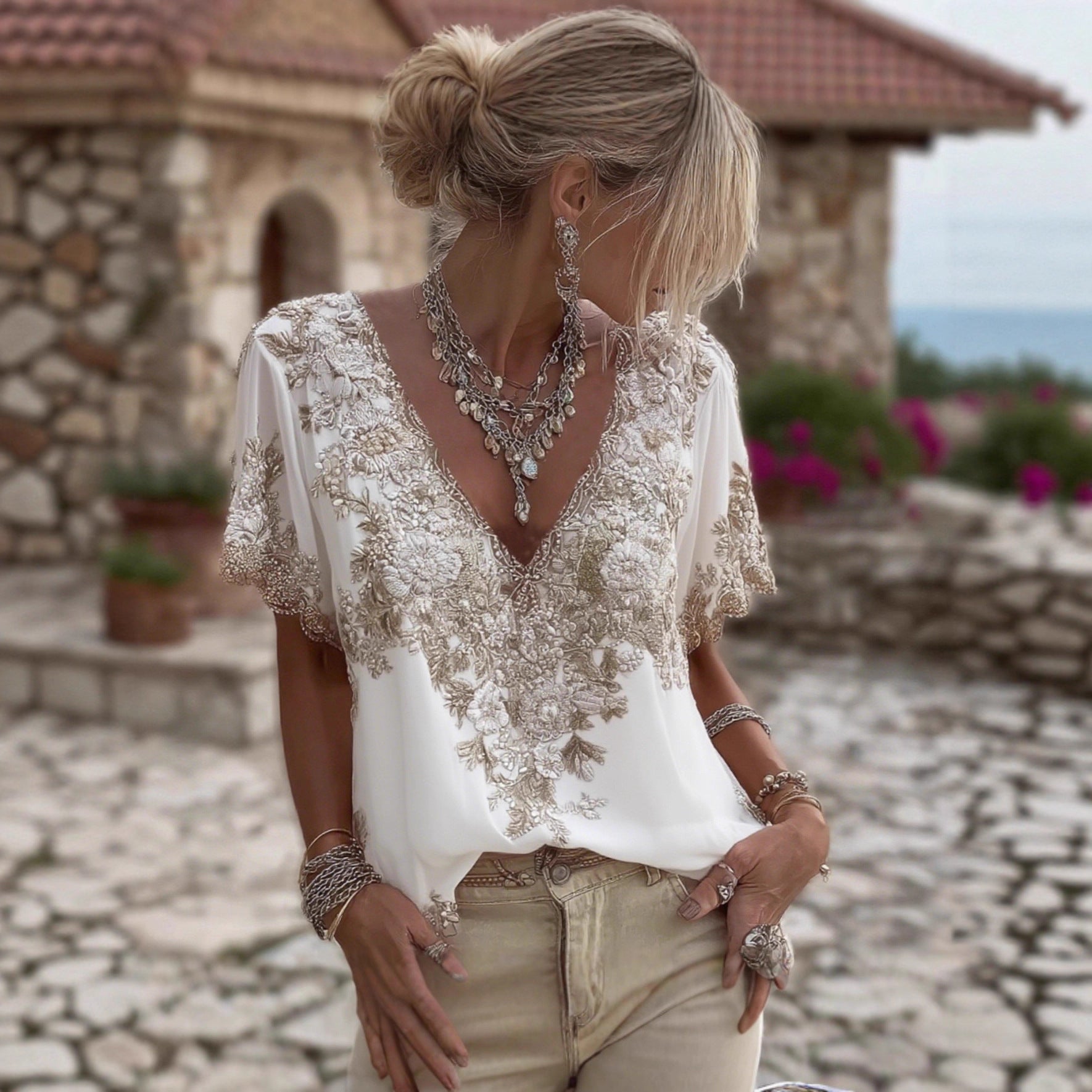 Womens V neck 3D printed Short sleeve Top With An Elegant Artistic And Vintage Vibe