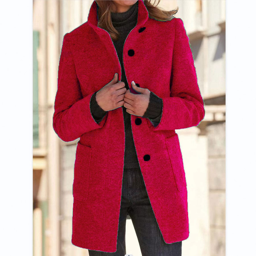 Stand Collar Woolen Coat With Pockets Fall Casual Button Outwear