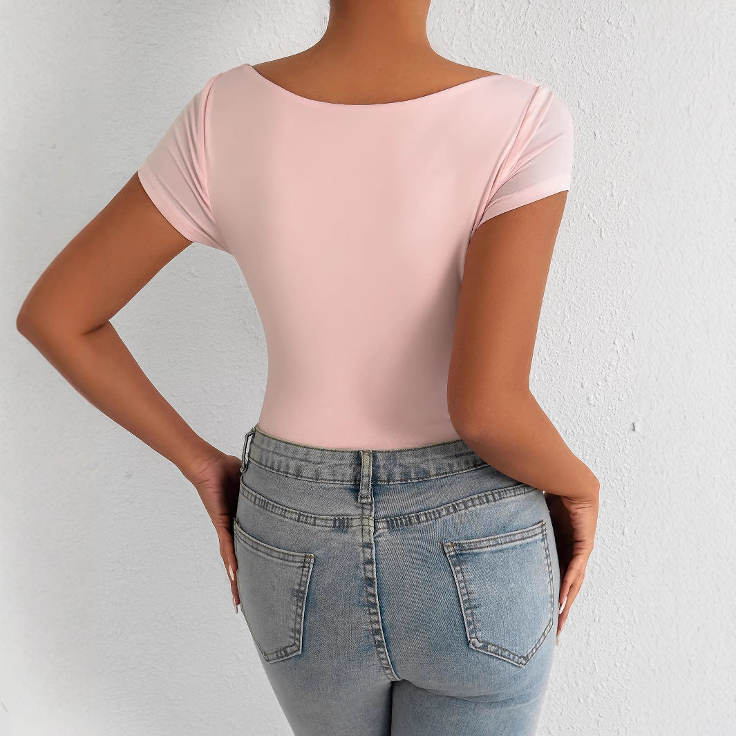 Fashion V-neck Tight Hot Girl Short-sleeved Bodysuit