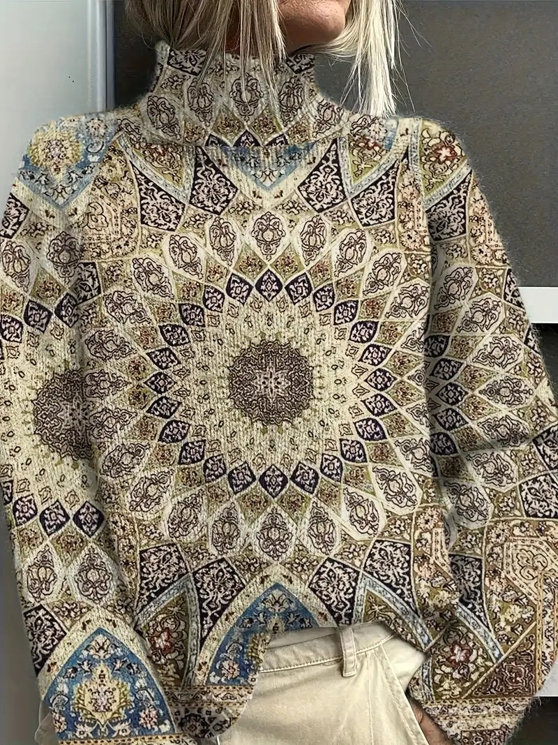 Women's Vintage Floral Print Pullover - Turtleneck Long Sleeve Loose Fit Polyester Top