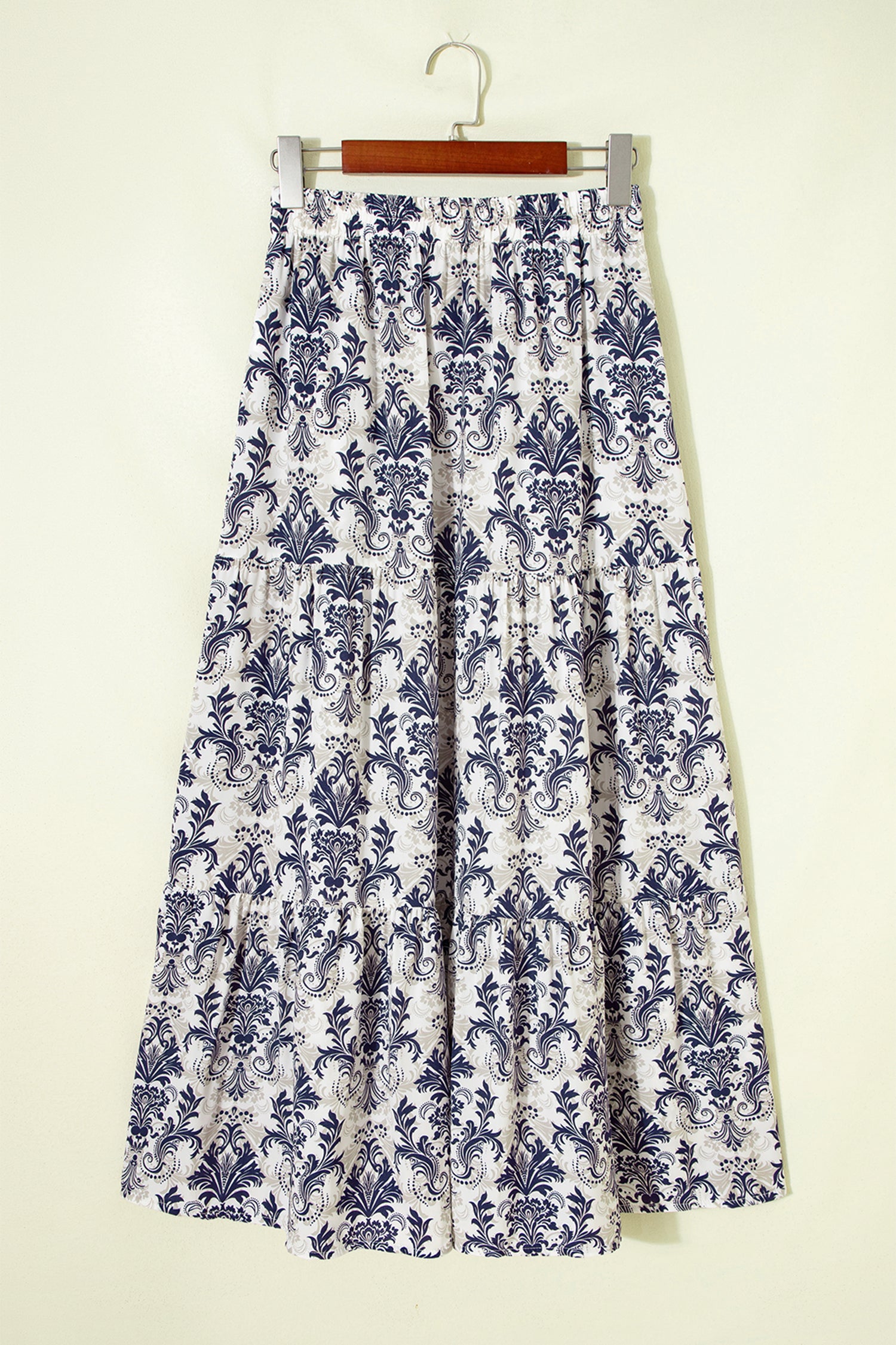 Sky Blue Bohemian Floral Print Tiered Maxi Skirt with Split