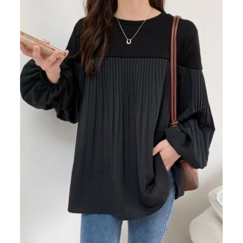 Elastic Lantern Sleeve Round Neck Contrast Color Pleated Long Sleeve Sweater
