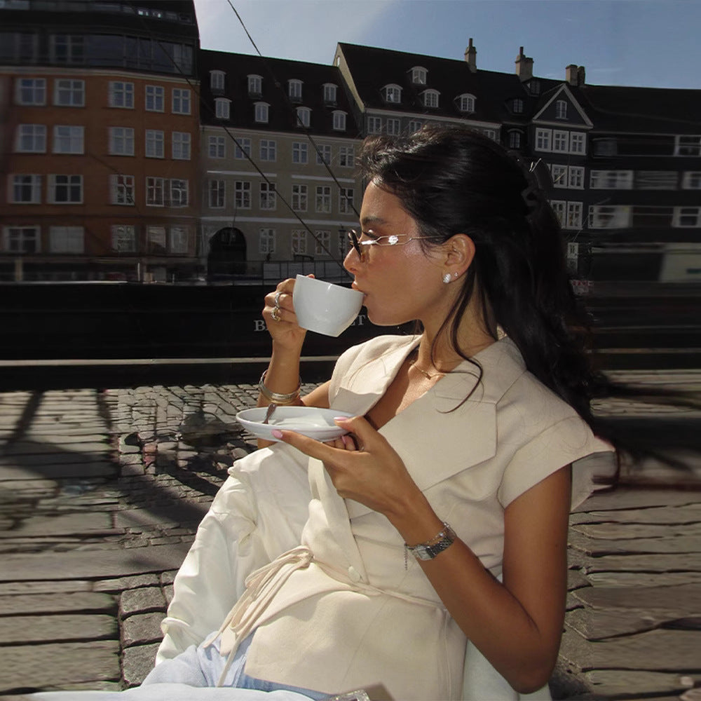 Beige Elegant Sleeveless Waist-Cinching Suit Set