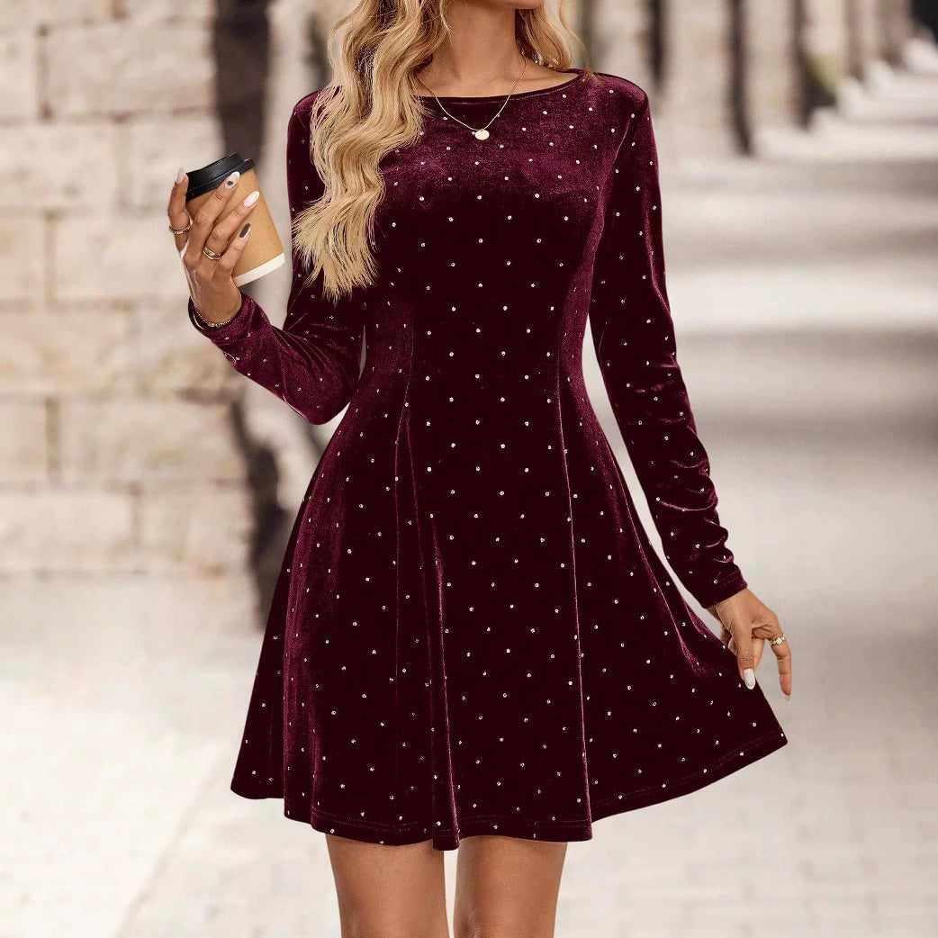 Womens French-Style Retro Diamond-Embellished Waist-Cinching Slimming Dress