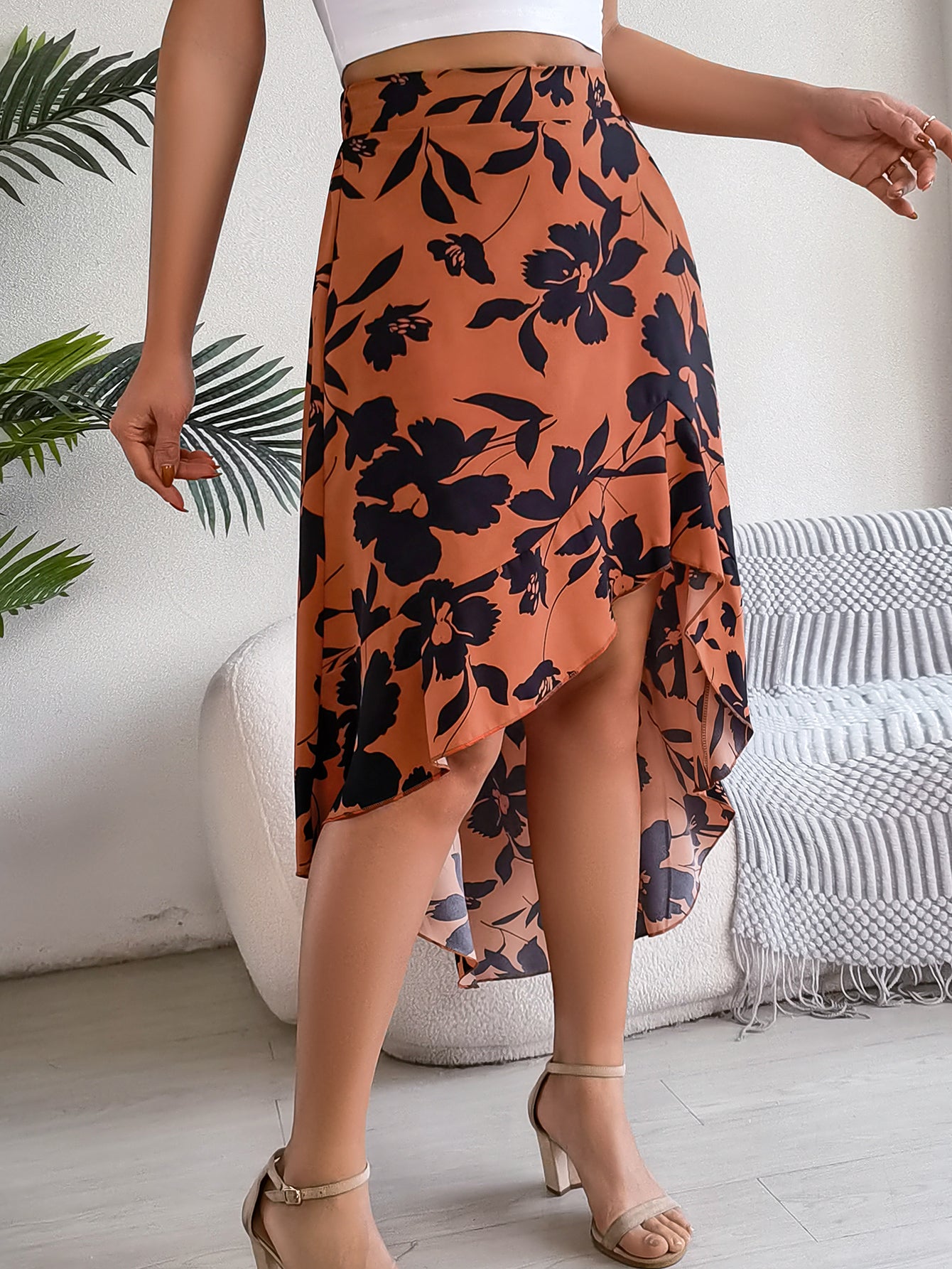 Women's Elegant Floral Print Ruffle Hem Midi Asymmetric Skirt