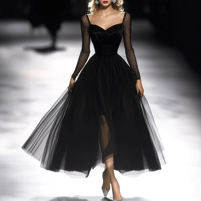 Womens Retro Classic French Black Gauze Dress